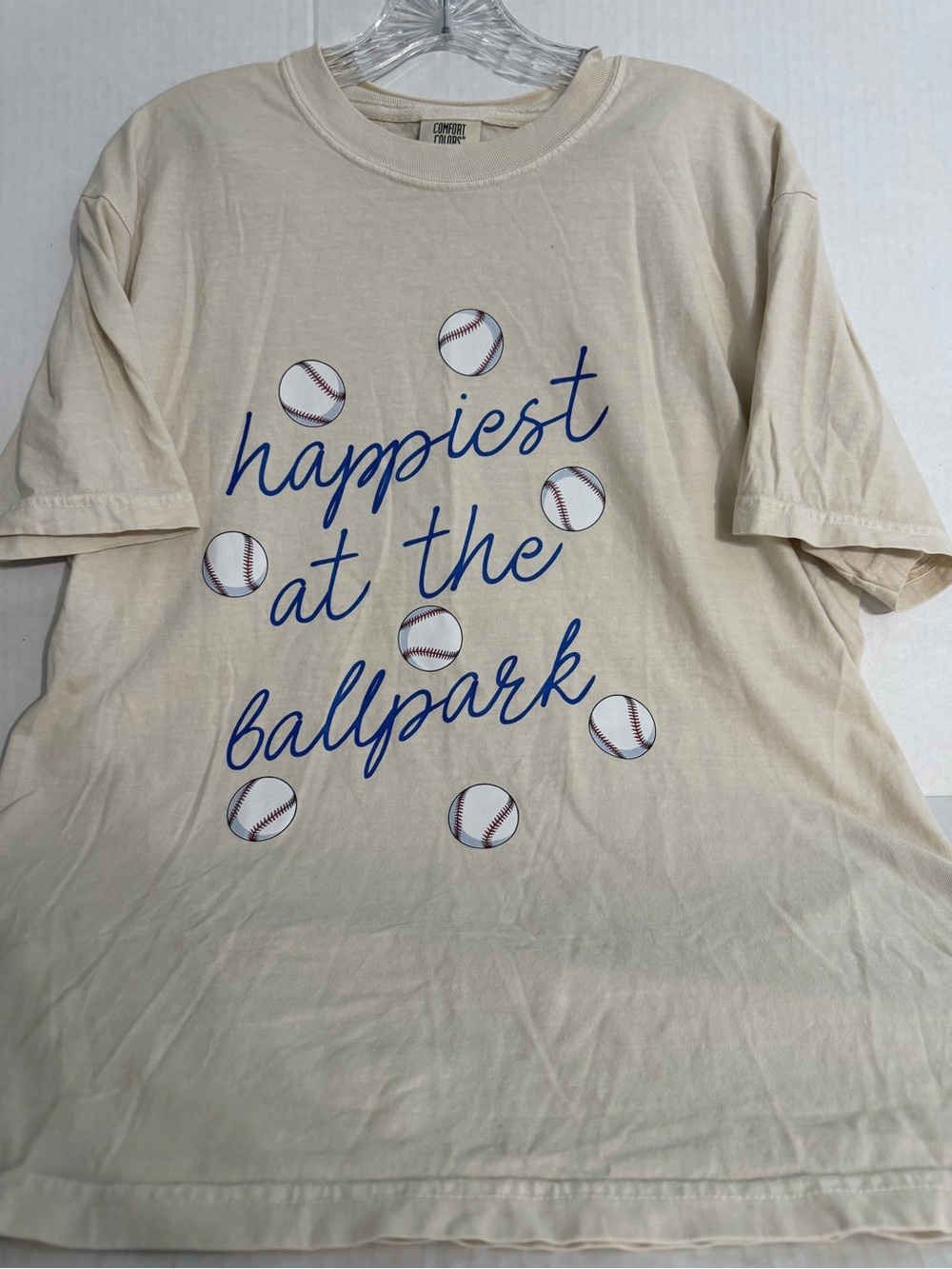 Comfort Colors Cream 'Happiest at the Ballpark' Graphic Tee with Blue Script